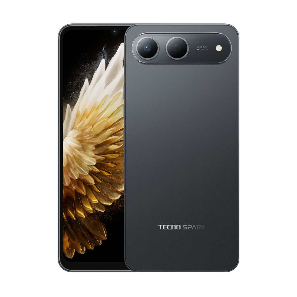 Koyu gri bir Tecno Spark akıllı telefon. Ekran, altın bir tüy deseni gösteriyor. İki arka kamerası ve marka adı var.