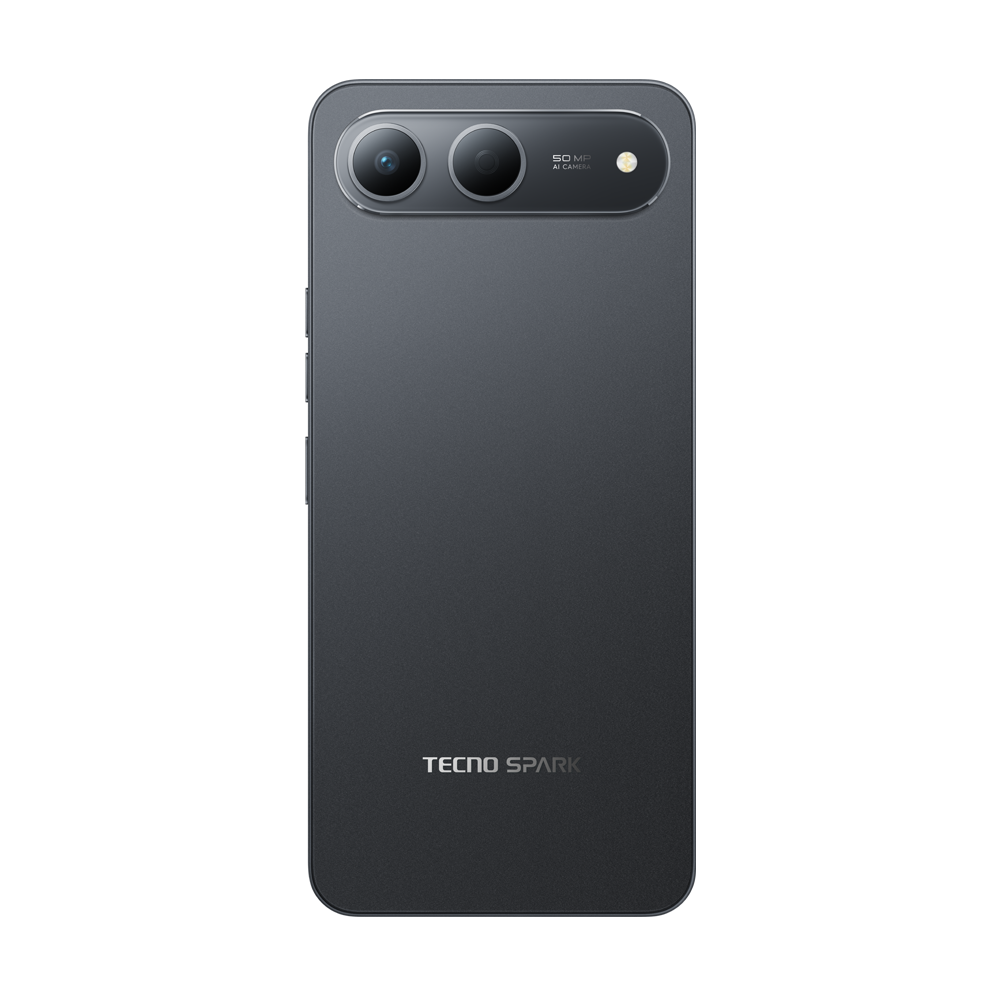 Üstte üç kamera lensi bulunan koyu gri bir akıllı telefon arkası. 'TECNO SPARK' marka adı altta görülebilir.