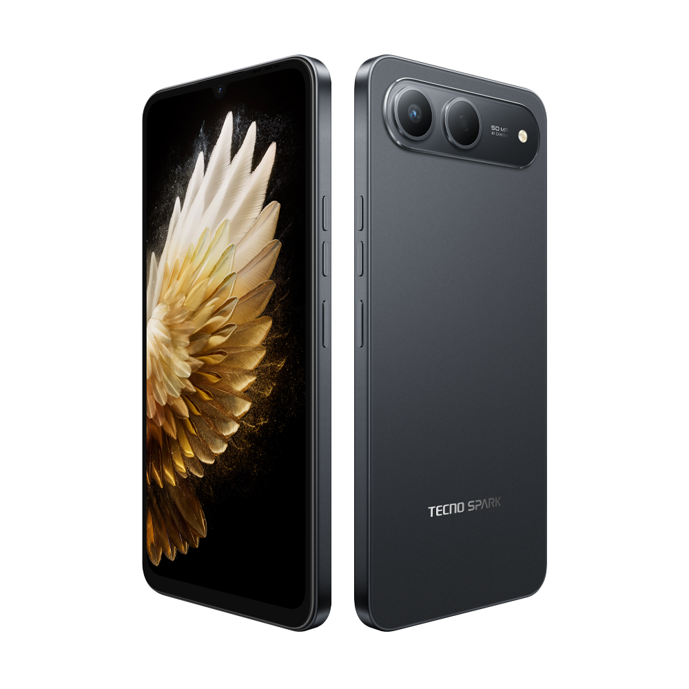Koyu gri bir akıllı telefon, altın sarısı tasarımlı ekranı ve çift kameralı arka yüzü gösteriyor. Marka TECNO SPARK.