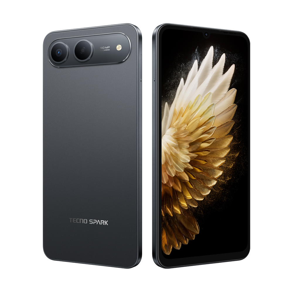 Koyu gri bir Tecno Spark telefonu. Ekran, altın renkli, tüylü bir tasarım gösteriyor. Arkada üçlü kamera lensi var.