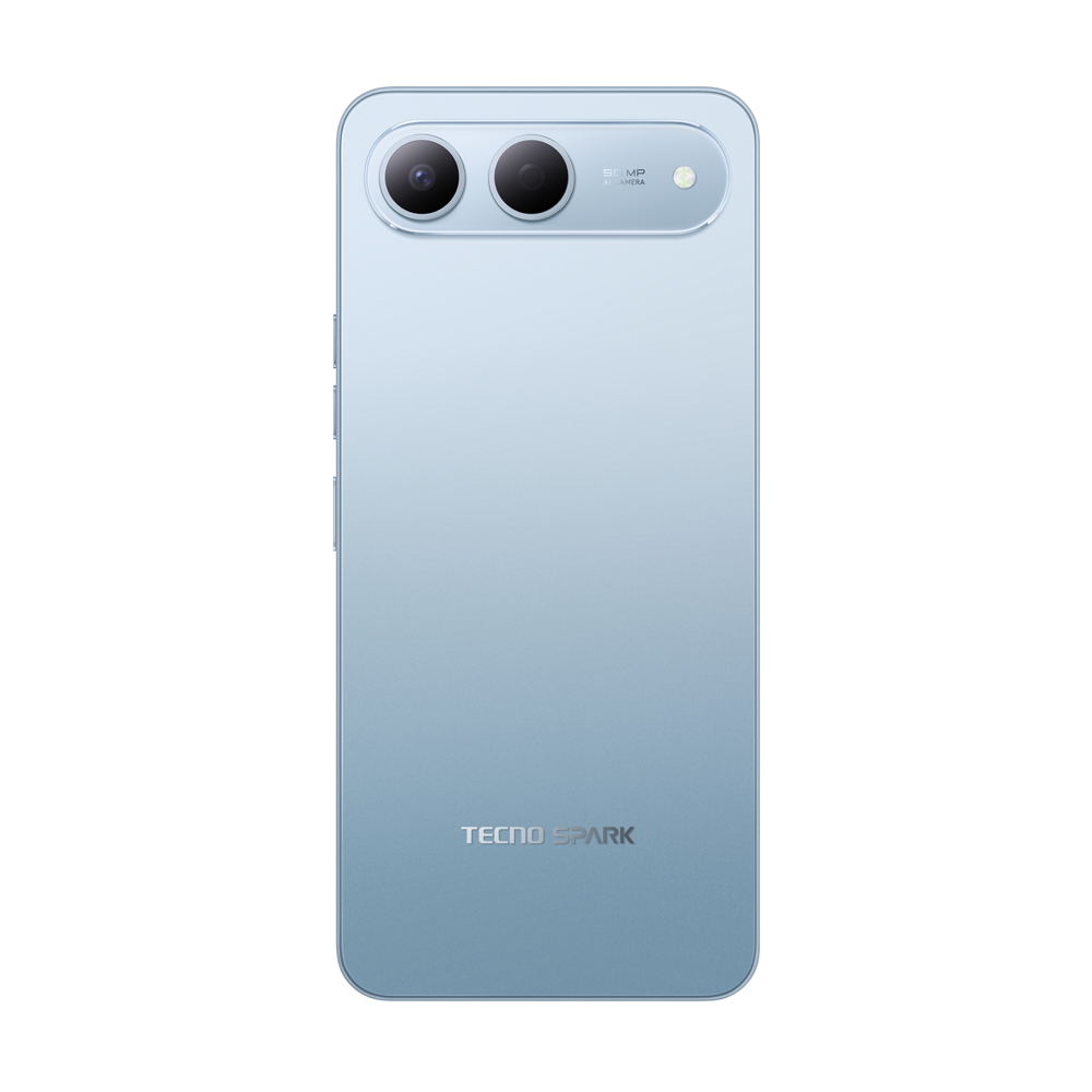 İki kamera lensi, flaş ve TECNO SPARK yazısı olan açık mavi bir akıllı telefon. Telefon beyaz bir arka plan üzerinde.