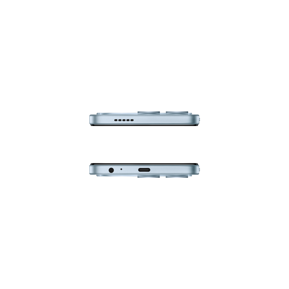 Bir akıllı telefon, üstten ve alttan görünüş. Üst kısımda hoparlör delikleri var. Alt kısımda bir kulaklık jakı ve bir USB-C bağlantı noktası var.
