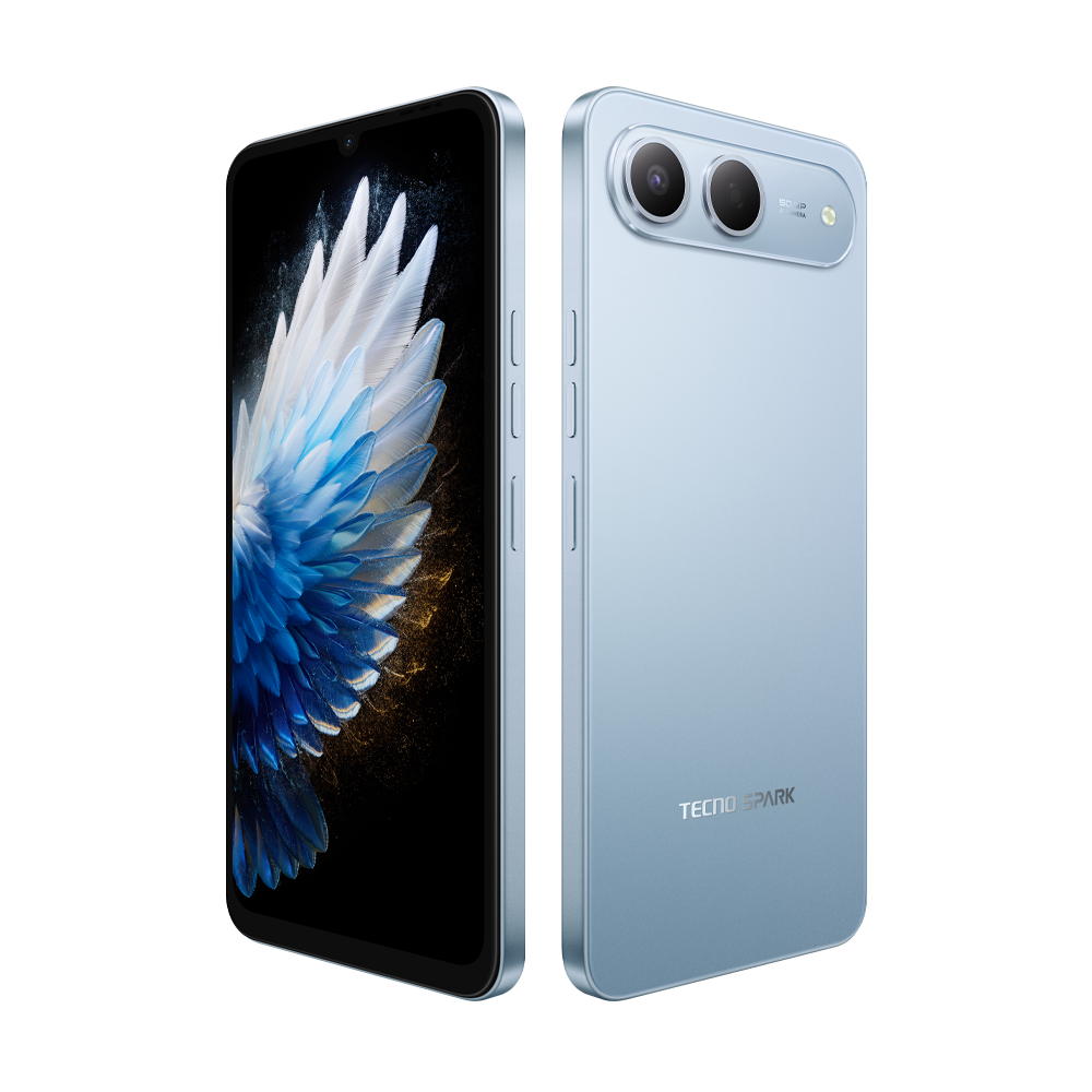 Açık mavi bir Tecno Spark akıllı telefon, ön ve arka tarafı gösteriyor. Ekran, renkli bir tüy tasarımı sergiliyor. Çift kamera görünür durumda.