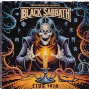 Album borító: Black Sabbath illusztráció, koponya gyertyával, zenekar logója, 'Live 1970' felirat, sötét háttér örvényekkel.