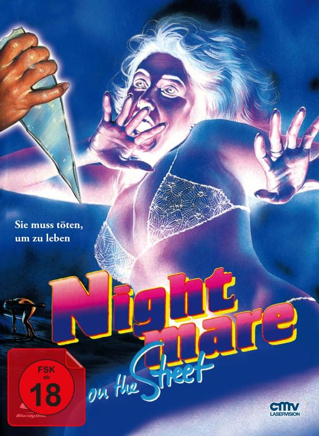 Filmposter 'Nightmare on the Street'. Frau im Bikini, Hand mit Scherbe, Text: 'Sie muss töten, um zu leben.'