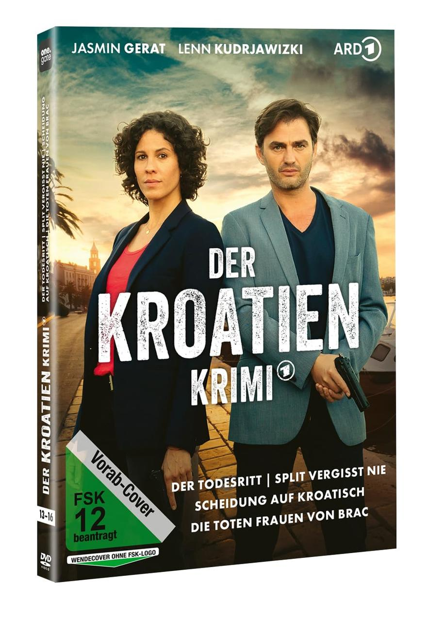 DVD-Cover: Zwei Personen, eine Frau und ein Mann, stehen vor einem Titel. Der Titel lautet 'Der Kroatien Krimi'. Der Mann hält eine Pistole.