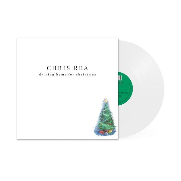 Albumcover: Chris Rea 'Driving Home for Christmas'. Weiß mit Weihnachtsbaum-Illustration. Rechts eine weiße Schallplatte.