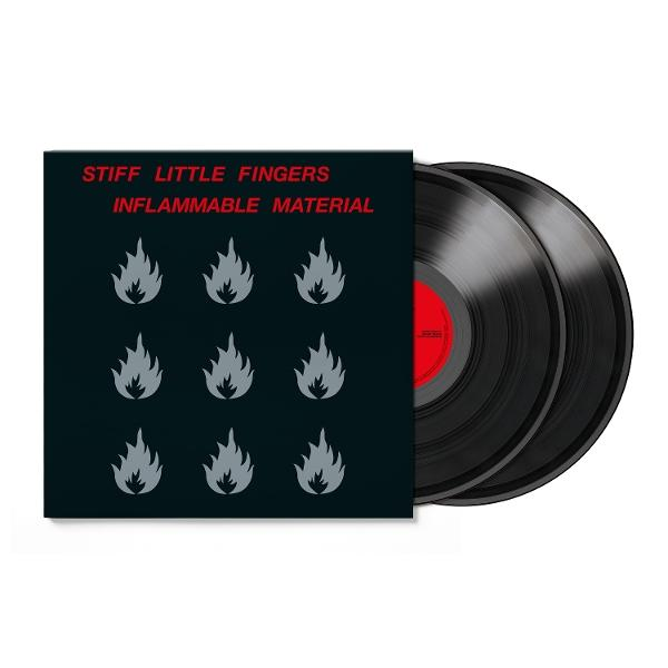 Albumcover: Stiff Little Fingers, Inflammable Material. Flammen, schwarze Schallplatten.
