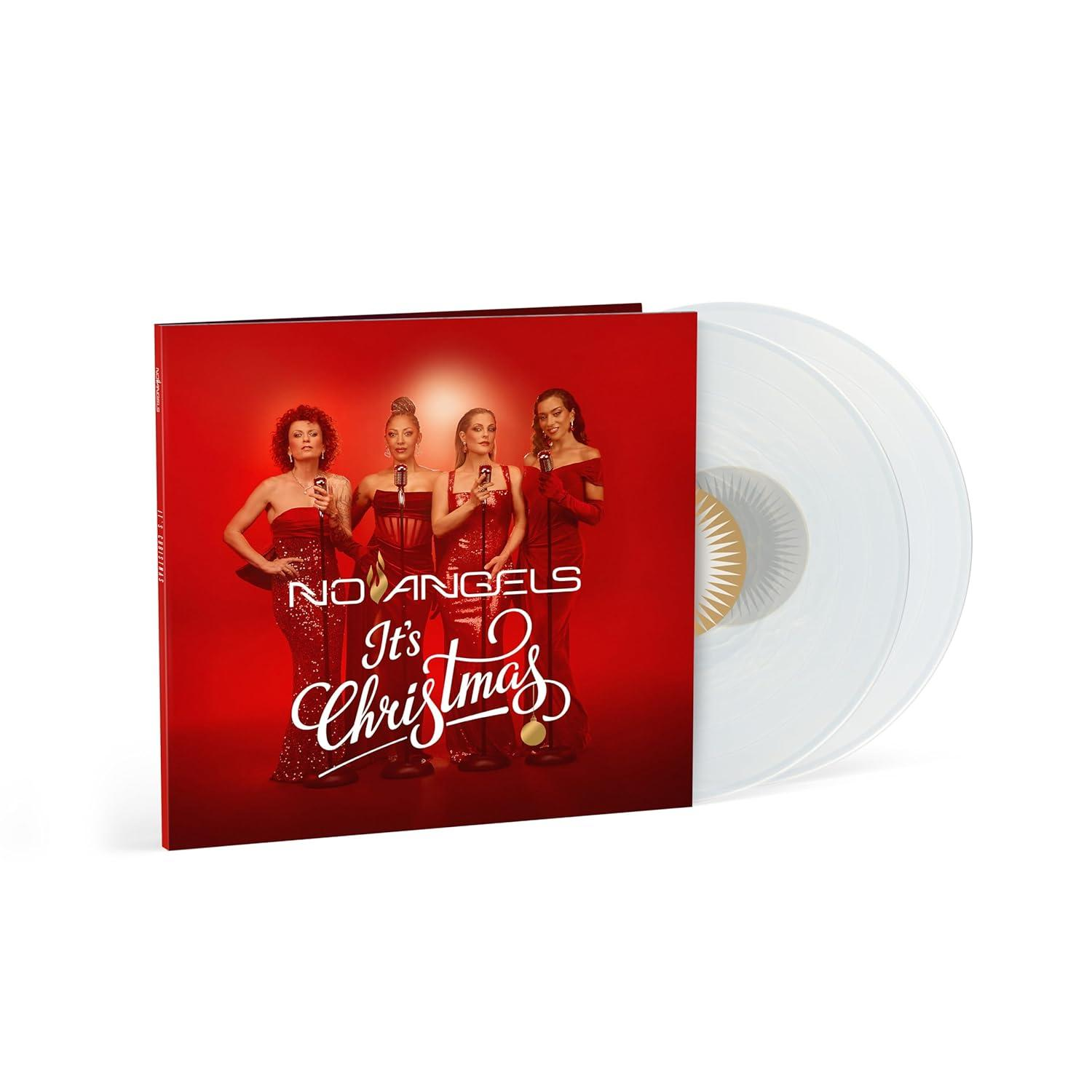 Albumcover von No Angels' 'It's Christmas'. Vier Frauen in roten Kleidern halten Mikrofone. Eine klare Vinyl-Schallplatte ist sichtbar.