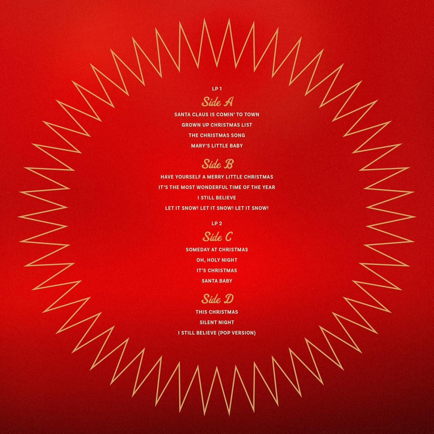 Rotes Albumcover mit goldenem Zickzack-Rand. Der Text listet Weihnachtslieder wie "Santa Claus is Comin' to Town" und "Silent Night" auf.