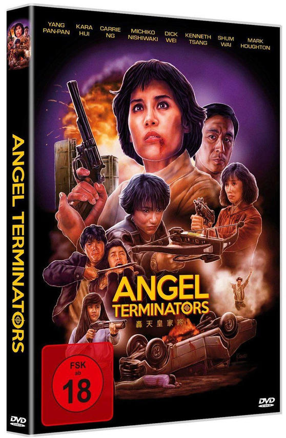DVD-Cover für Angel Terminators. Mehrere Personen mit Waffen, ein überschlagenes Auto und eine rote FSK 18-Einstufung.