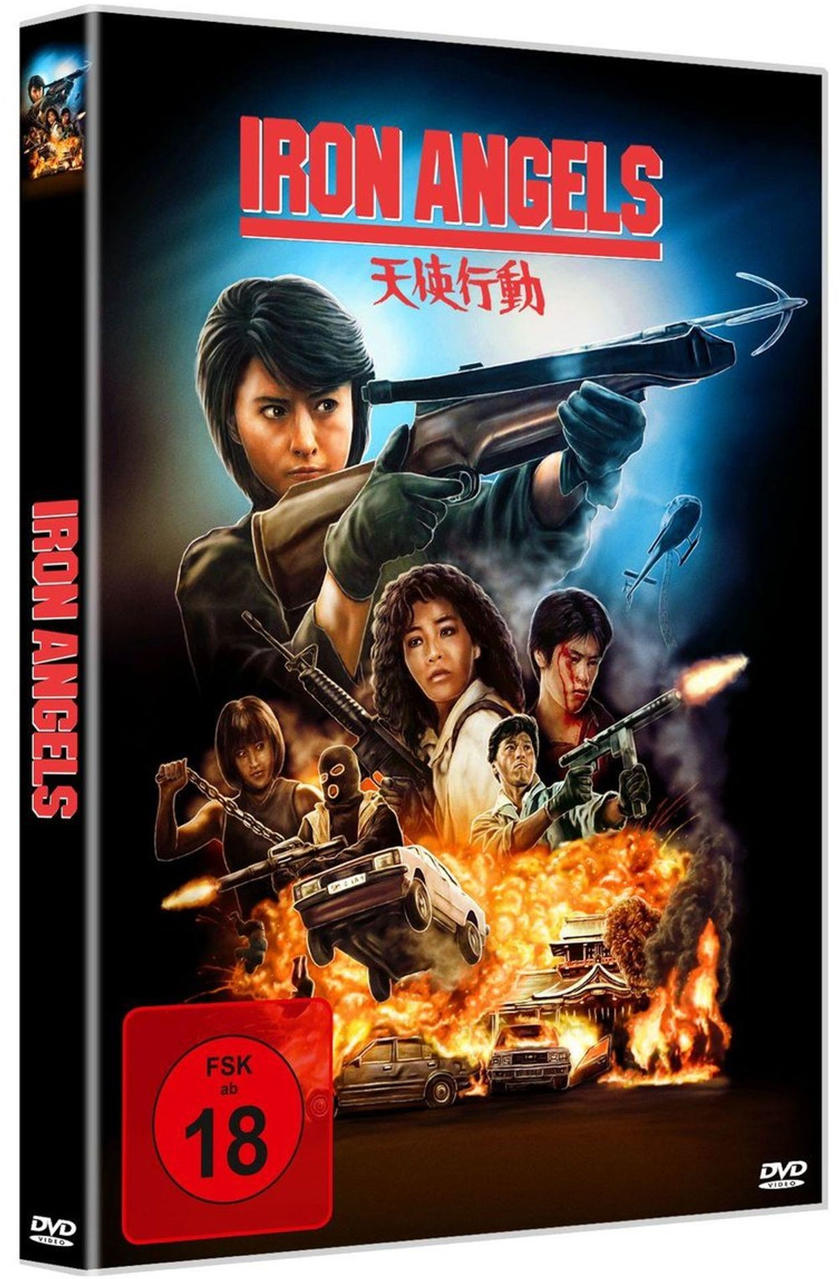 DVD-Cover für Iron Angels. Eine Frau zielt mit einer Armbrust. Andere Figuren halten Waffen. Autos brennen. Die Bewertung ist 18.