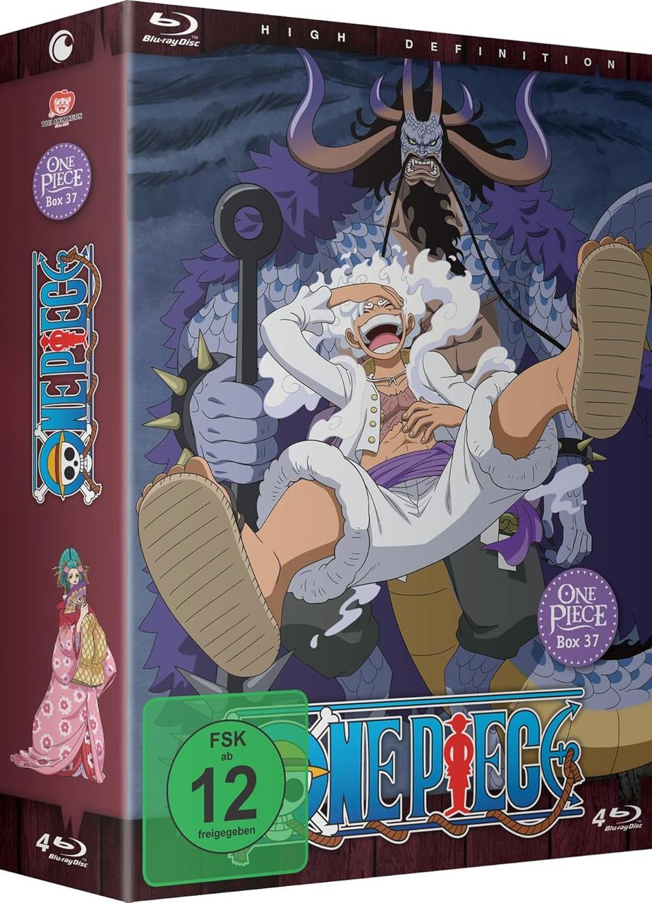 Das One Piece Box 37 Blu-ray-Cover zeigt lachend Luffy, mit Kaido im Hintergrund. Die Box hat eine grüne FSK 12 Bewertung.