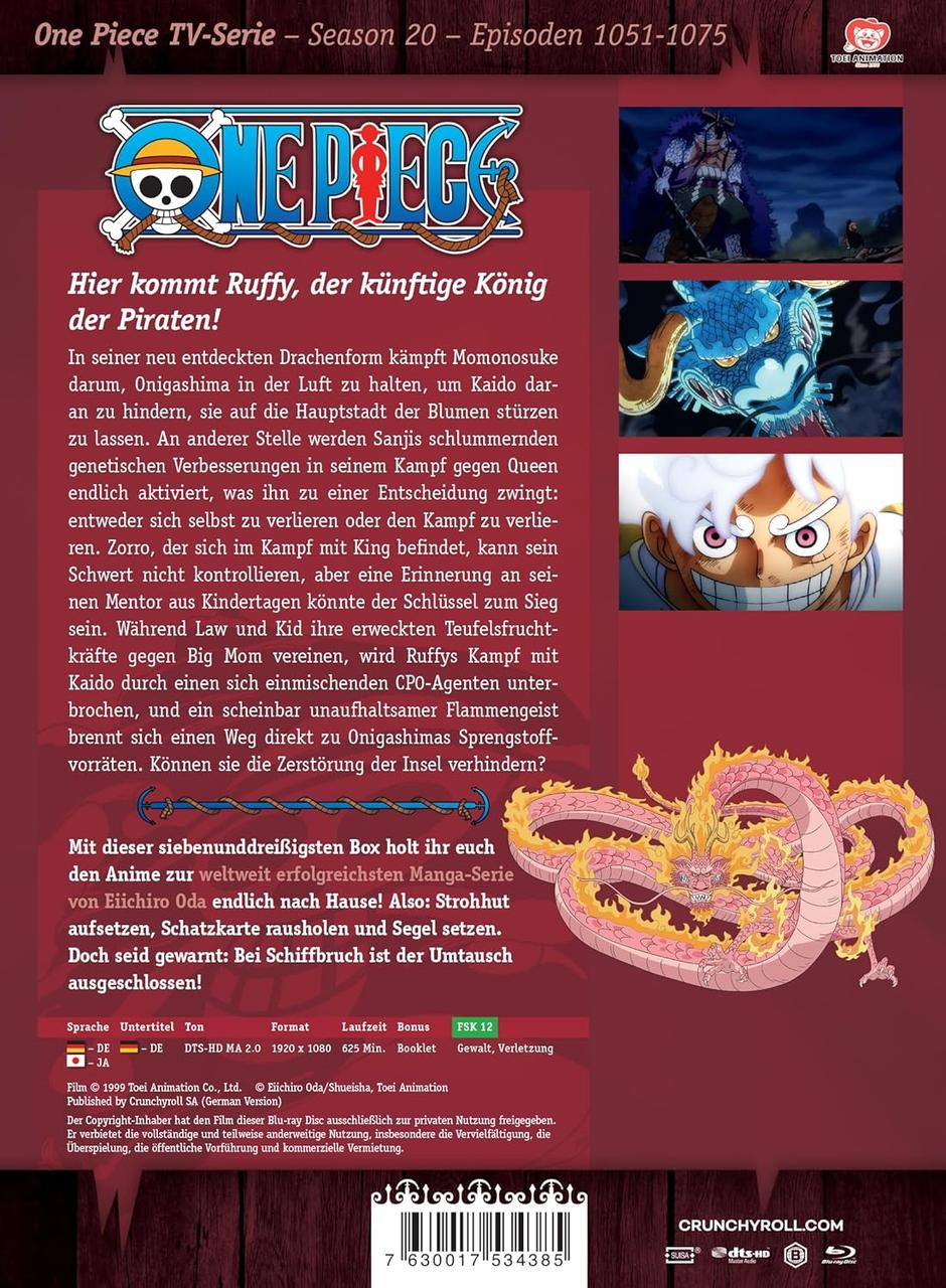 One Piece DVD-Box. Luffy, ein Pirat und ein Drache sind auf dem Cover. Text auf Deutsch. Charaktere der Serie.