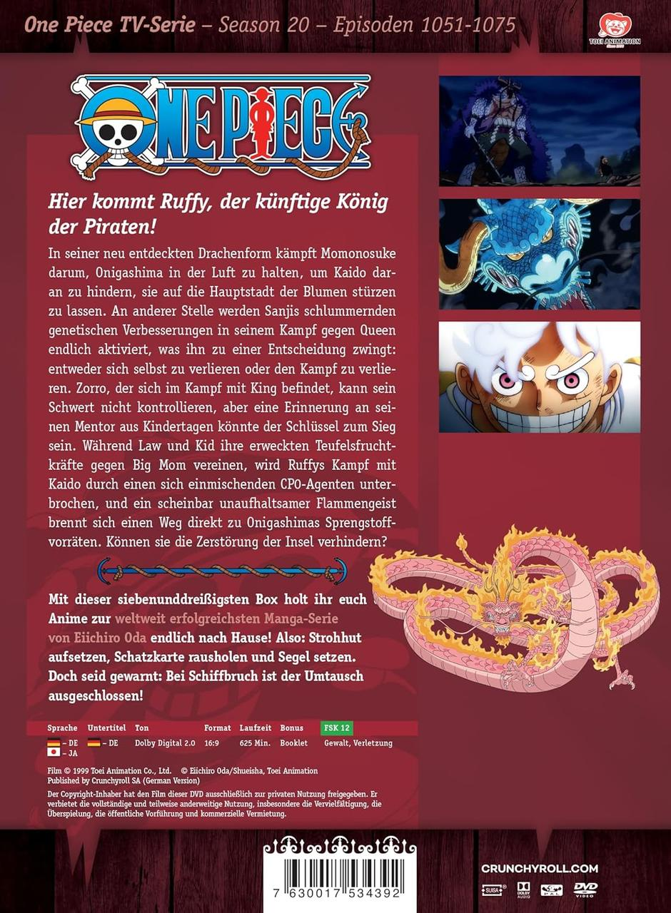 One Piece DVD-Cover. Luffy, Drache, Text. Titel: Staffel 20. Auf der Rückseite ein Drache und Text.