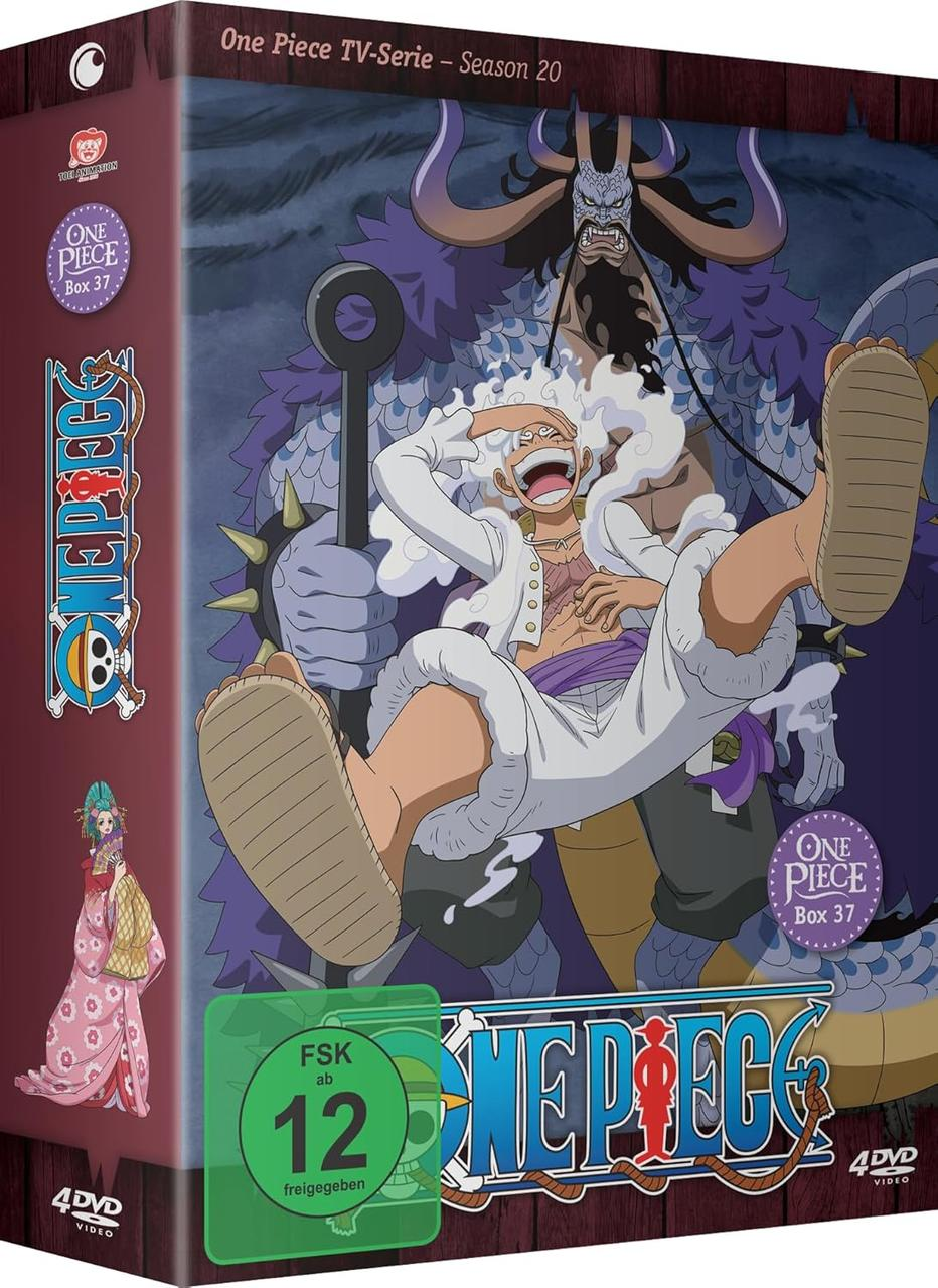 DVD-Cover von One Piece. Luffy in weißem Outfit lacht. Kaido ist hinter ihm. Titel: One Piece TV-Serie - Staffel 20.