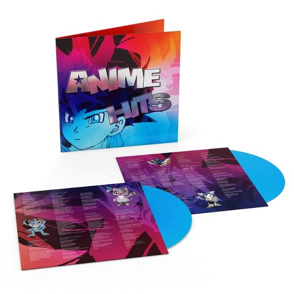 Anime Hits Vinylplatten. Blaue Vinyl und Albumcover mit Anime-Illustrationen und Text. Das Albumcover zeigt einen Jungen.