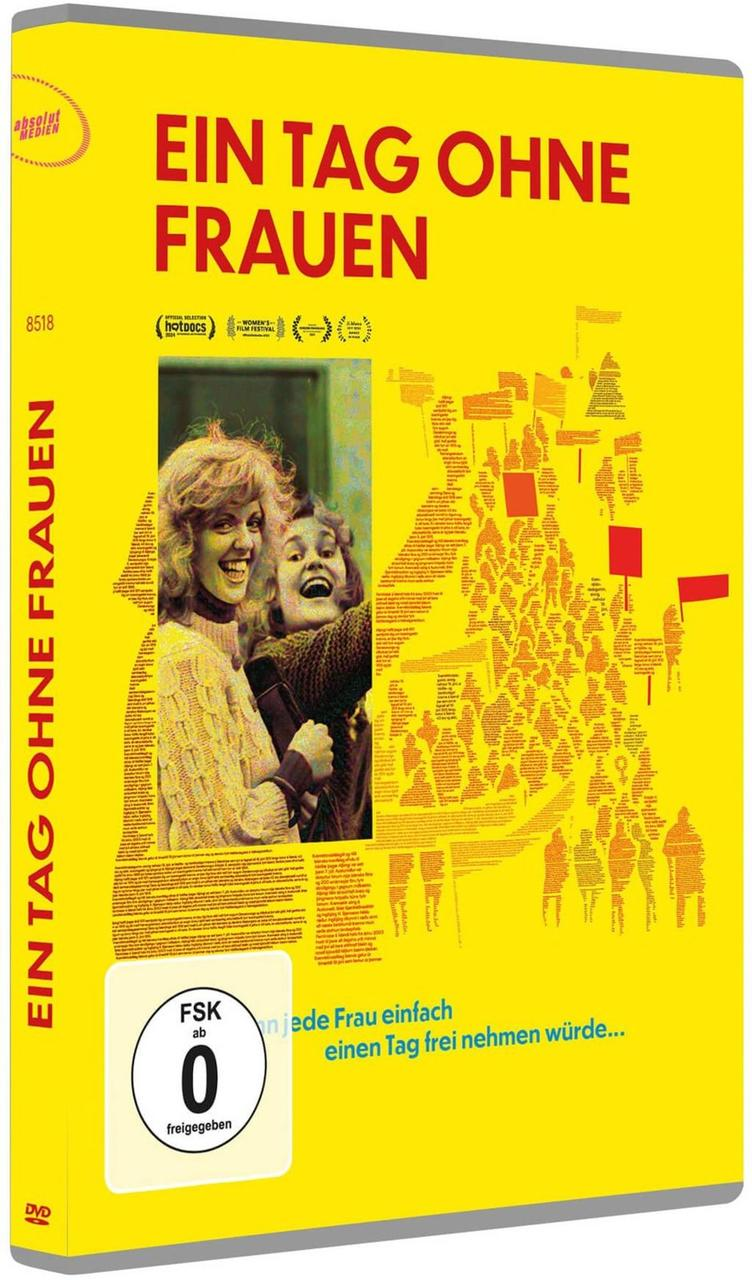 DVD-Cover. Zwei Frauen lächeln, Text: Ein Tag Ohne Frauen. Gelber Hintergrund, Grafik einer Menge und Rating-Logo.