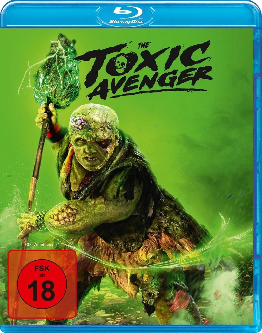 The Toxic Avenger Blu-ray-Cover. Ein grünes Monster hält einen Stab. Der Titel steht über dem Monster.