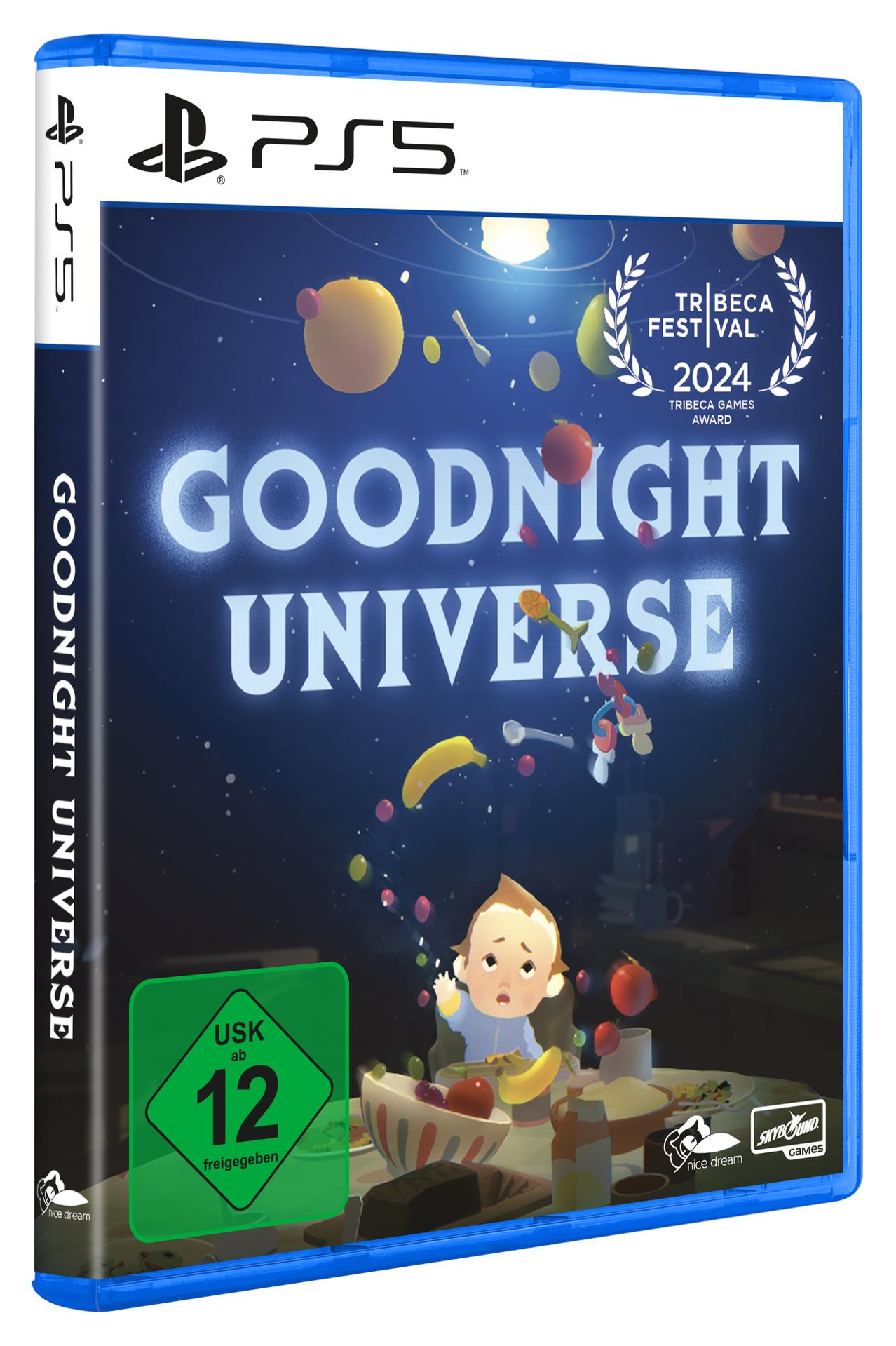 PS5-Spielcover für Goodnight Universe. Zeigt ein Baby, Essen und schwebende Objekte im Weltraum. Ausgezeichnet vom Tribeca Film Festival.
