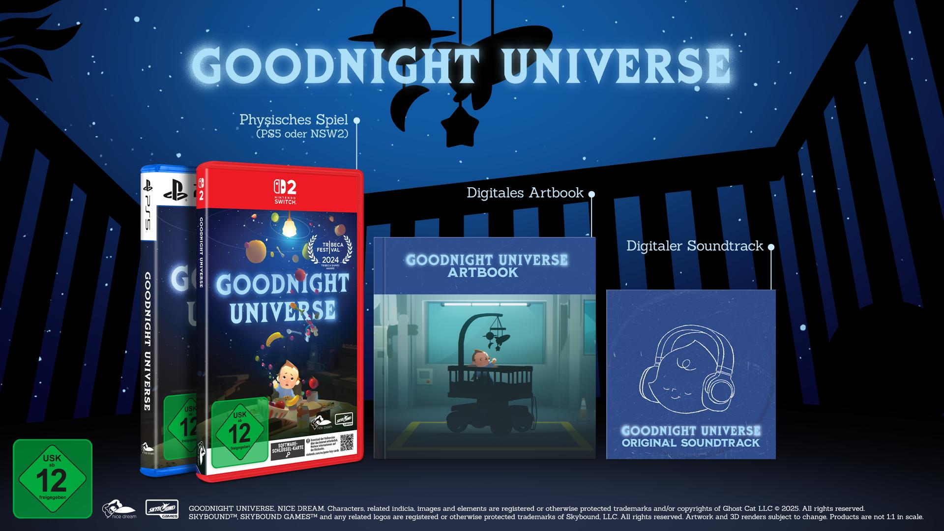 Das Bild zeigt Spielboxen, ein Artbook und einen Soundtrack für 'Goodnight Universe'. Enthält PS5- und Nintendo Switch-Versionen.