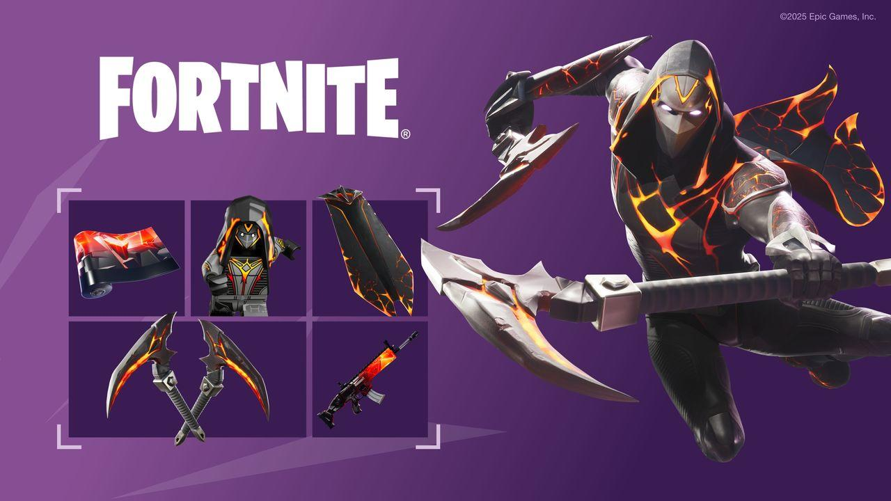 Fortnite-Werbebild. Eine Figur mit lavaartigen Details hält eine Waffe. Mehrere Artikelvorschauen sind links, lila Hintergrund.