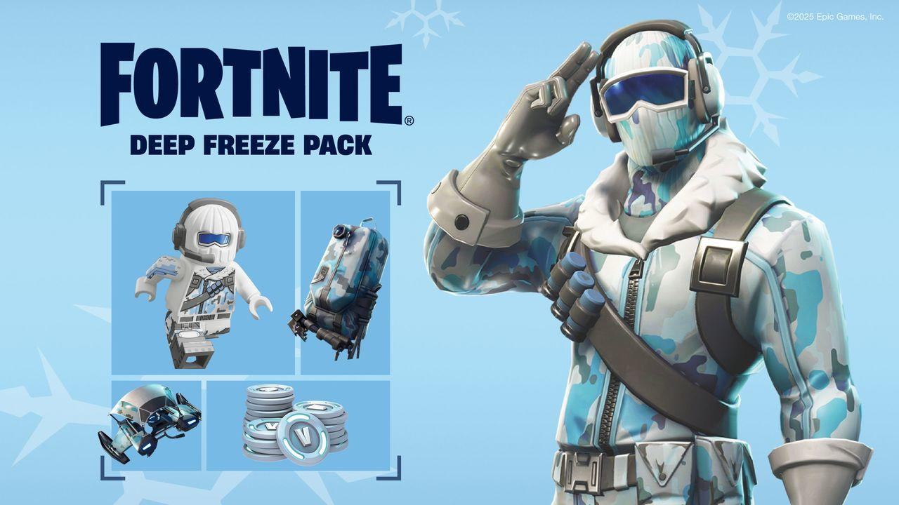 Fortnite Deep Freeze Pack Bild. Eine Figur in Wintertarnung salutiert. Enthält Lego-Figur, Rucksack, Gleiter und V-Bucks.