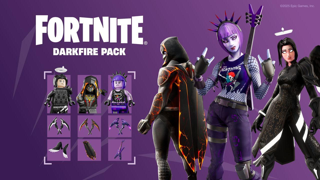 Fortnite Darkfire Pack. Charaktere und Zubehör werden angezeigt. Zu den Charakteren gehören Lego-Figuren und andere stilisierte Figuren.