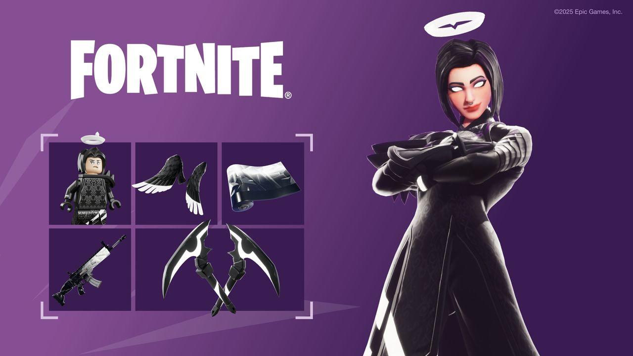 Fortnite-Bild. Frau mit Heiligenschein, verschiedene Spielgegenstände gezeigt. Lila Hintergrund. Fortnite-Logo.