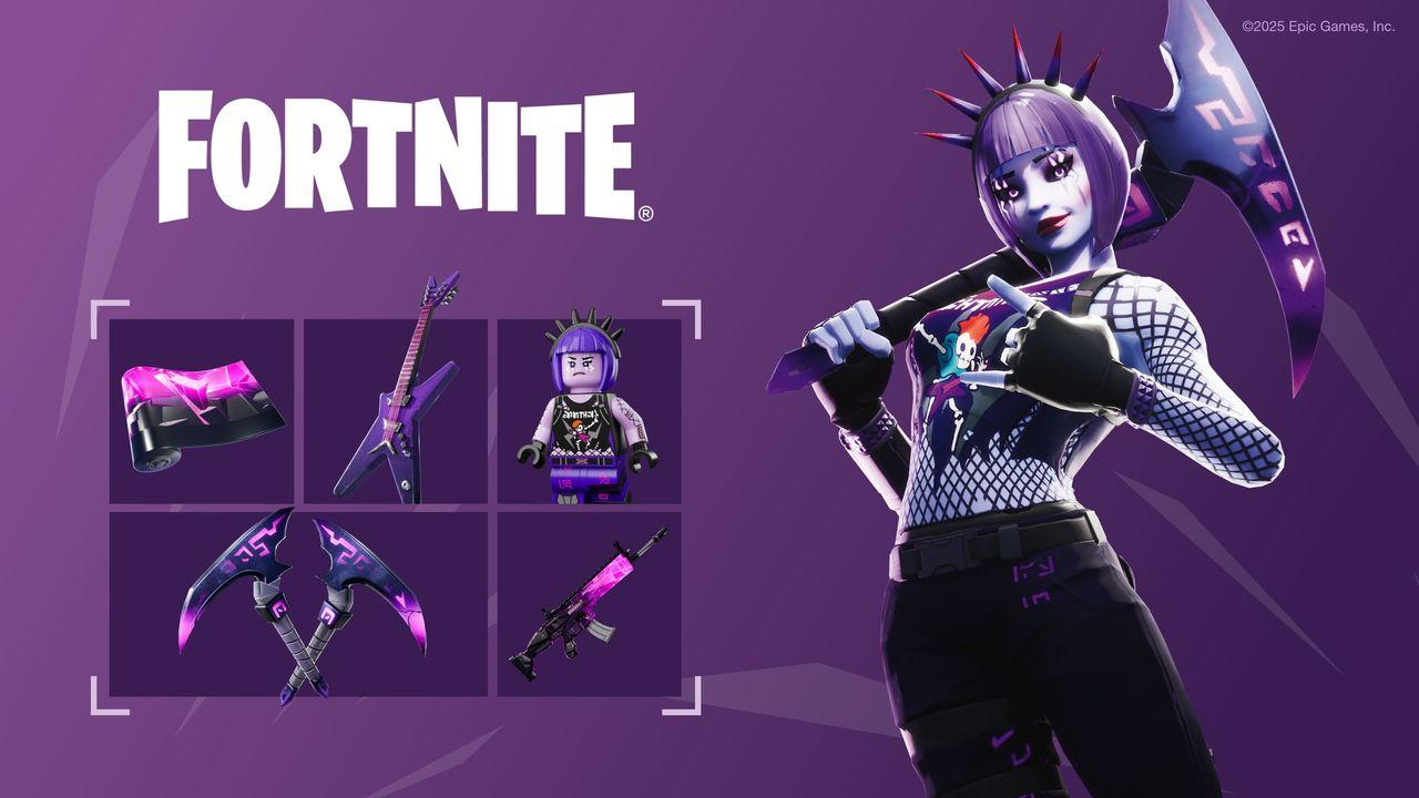 Fortnite-Werbebild. Eine weibliche Figur mit lila Haaren und Axt, mit mehreren Gegenständen und Lego-Figur links.
