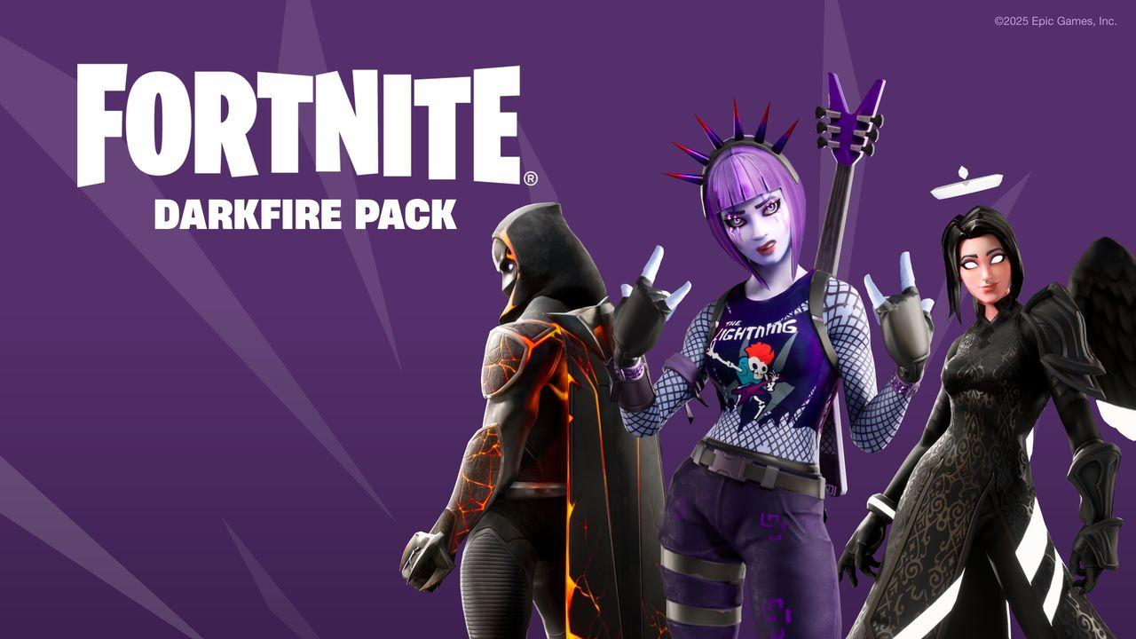 Bild des Fortnite Darkfire Packs. Drei Charaktere in dunklen Outfits vor lila Hintergrund. Logo und Copyright sind sichtbar.