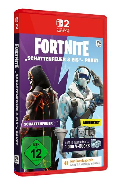 Fortnite-Spielhülle. Zwei Figuren: eine in schwarzer Rüstung, eine in Weiß. Text: Schattenfeuer & Eis Paket, Nintendo Switch Logo.