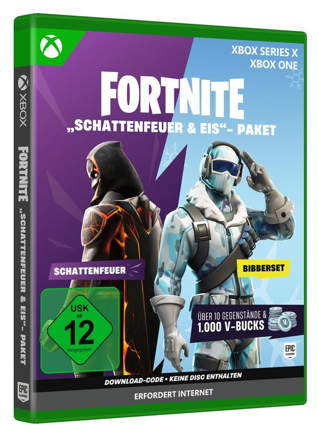 Xbox-Spielbox für Fortnite, mit Charakteren in Feuer- und Eisthemen. Es beinhaltet V-Bucks und Inhalte.