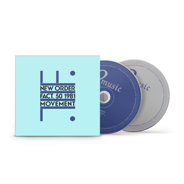 Albumhoes en cd's. Het album is 'New Order, Movement'. De cd's zijn blauw en grijs.