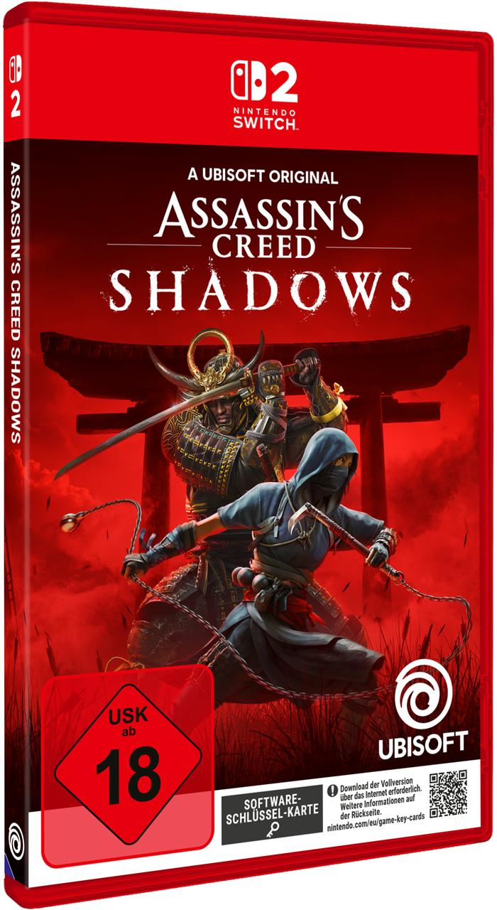 Spielbox von Assassin's Creed Shadows. Zwei kämpfende Figuren, roter Hintergrund und Nintendo Switch-Logo.