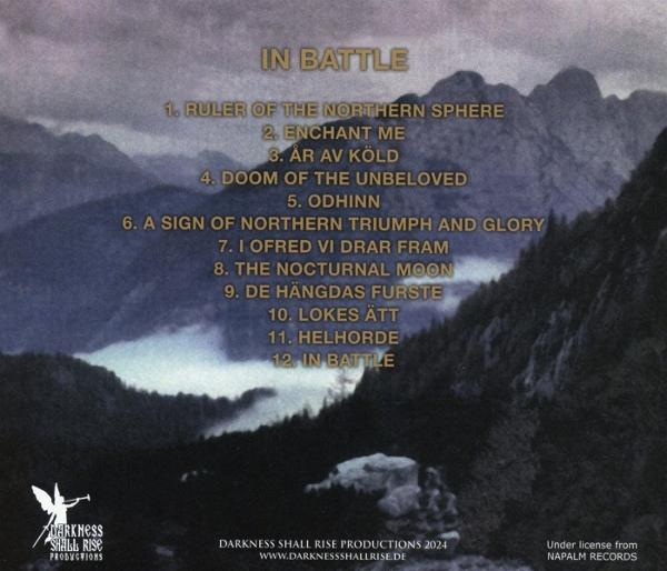 Albumcover mit Bergen, einem See und Text mit Songtiteln. Der Bandname lautet 'In Battle'. Logo und Label-Infos sind unten.