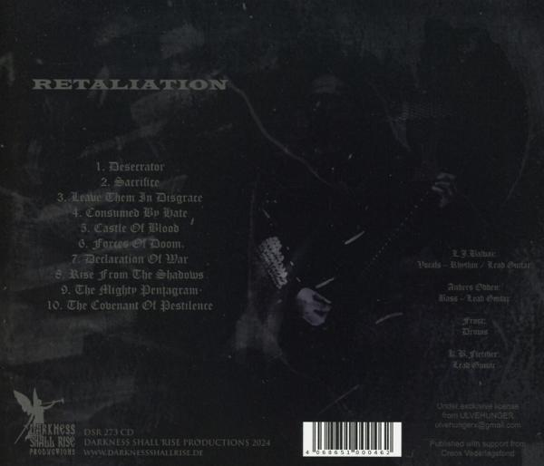 CD-Cover. Titel: Vergeltung. Titelliste. Bandmitglieder aufgelistet. Darkness Shall Rise Productions Logo unten.