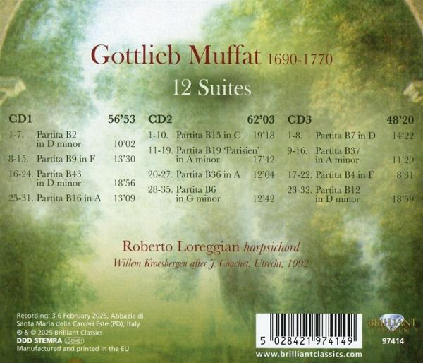 CD-Cover für Gottlieb Muffats 12 Suiten. Enthält Titellisten, Künstlerdetails und Copyright-Informationen. Grüner Hintergrund.