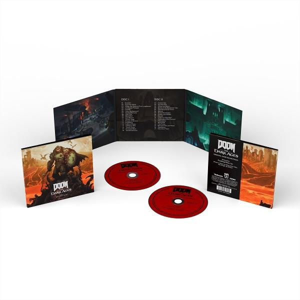 Doom Dark Ages-Soundtrack, mit zwei CDs, Artwork mit einem Dämon und einer brennenden Stadt. Album-Booklet ist geöffnet.