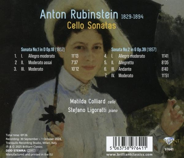 Albumcover mit Anton Rubinsteins Cellosonaten. Porträt einer Frau. Text enthält Songtitel und Timings.