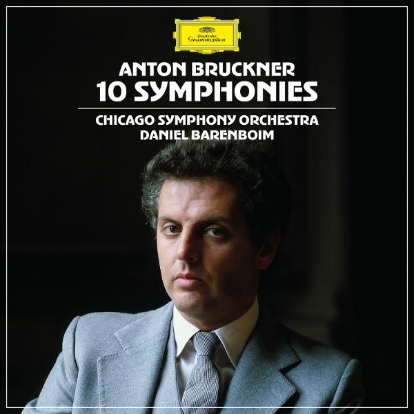 Albumcover: Anton Bruckner 10 Symphonien. Porträt von Daniel Barenboim im Anzug. Gelbes Deutsche Grammophon Logo.