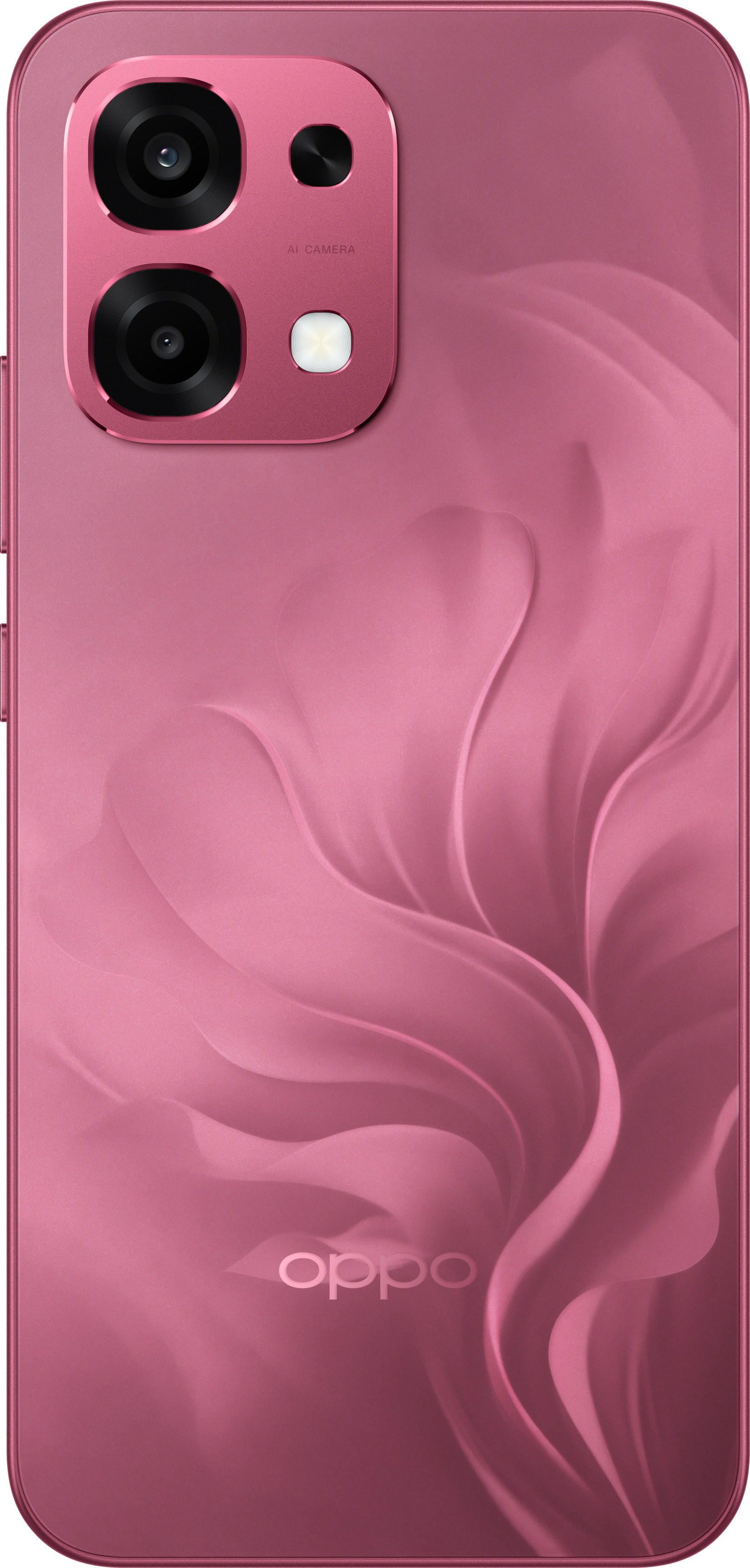 Pembe Oppo telefonun arkası. Lens ve flaşlı kamera modülü. Dönen desen ve Oppo logosu.