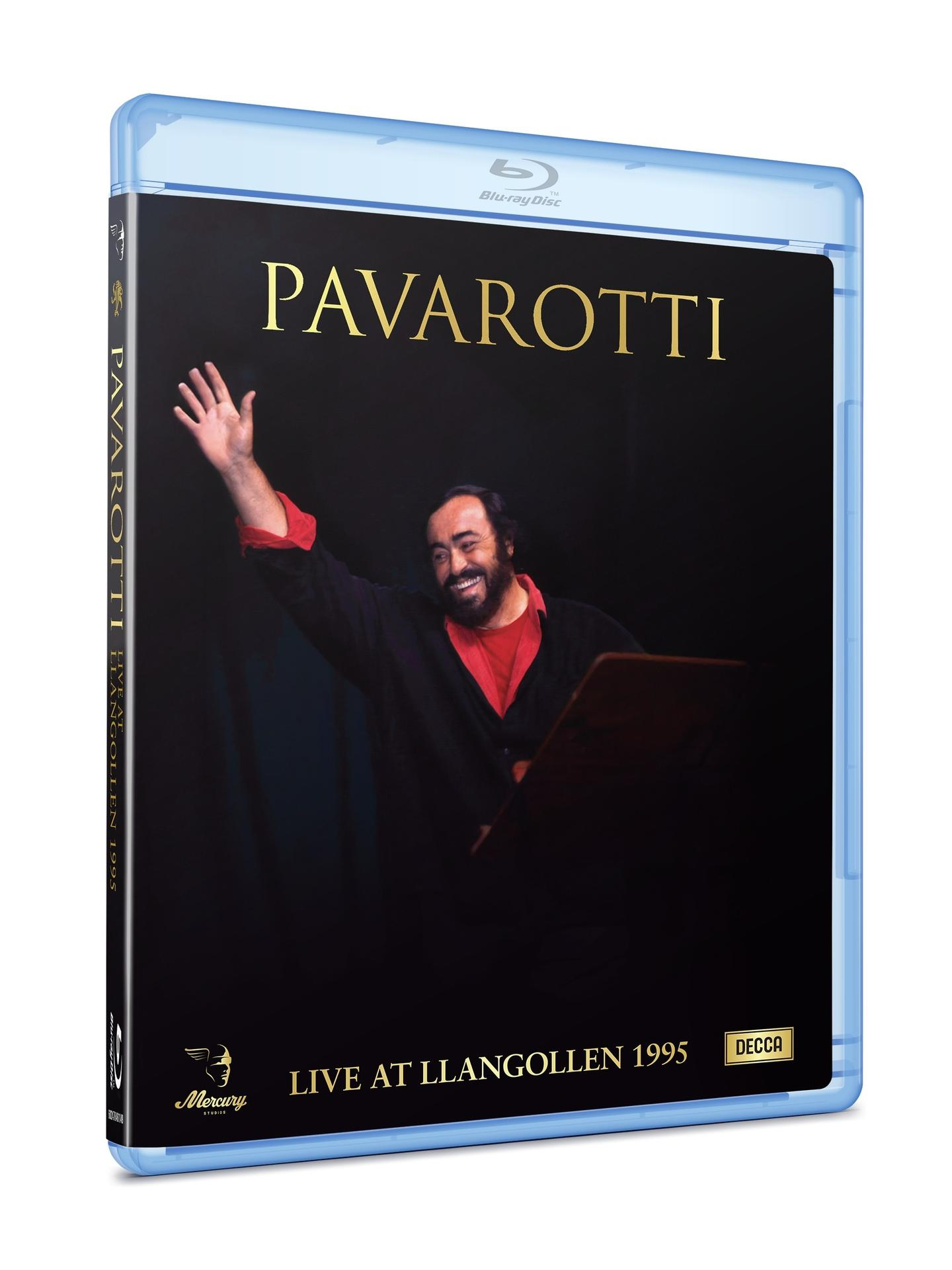 Blu-ray-Cover mit Pavarotti auf der Bühne. Er trägt ein rotes Hemd und eine schwarze Jacke und winkt. Text: 'PAVAROTTI' und 'LIVE AT LLANGOLLEN 1995'.