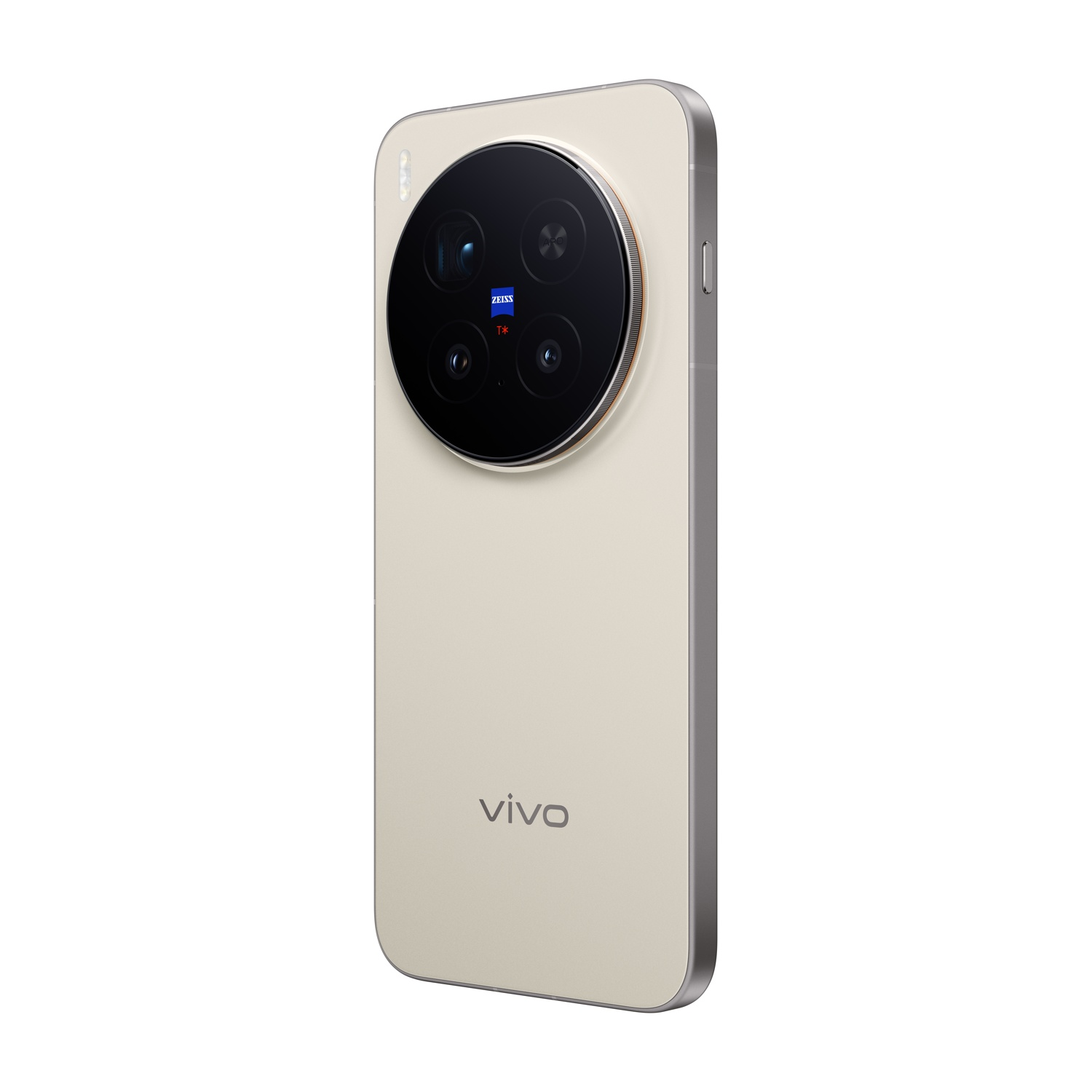 Uno smartphone beige con un grande modulo fotocamera con più lenti e il logo Zeiss. Il telefono è leggermente inclinato di lato.
