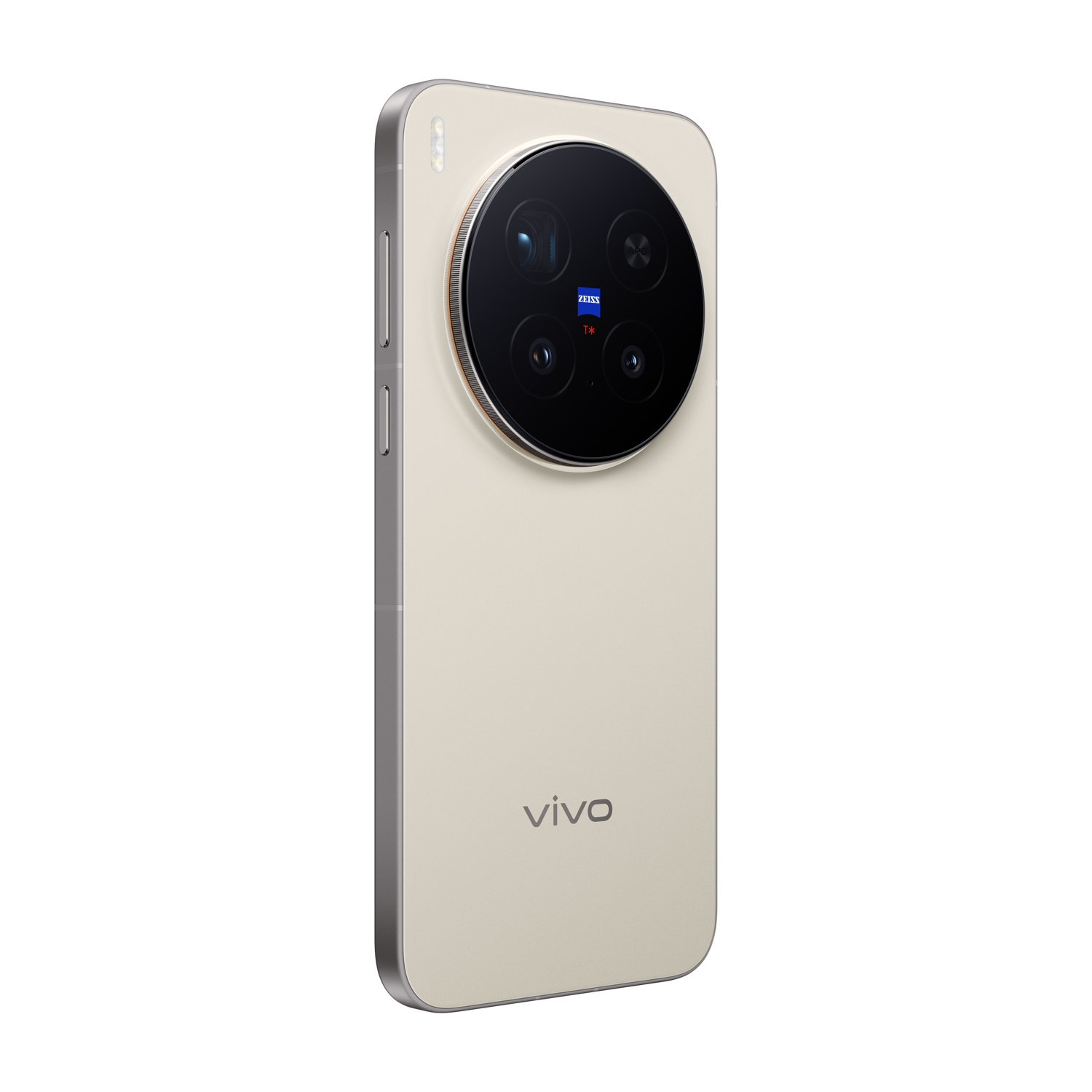 Uno smartphone beige con un grande modulo fotocamera circolare. Il telefono ha il logo Vivo e il marchio Zeiss.