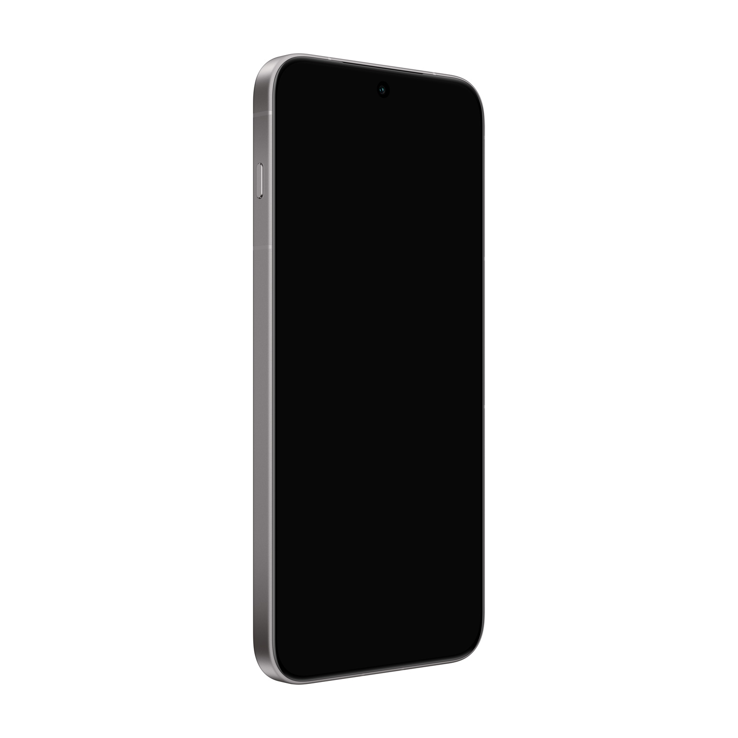 Uno smartphone argentato con schermo nero isolato su sfondo bianco. Il telefono è leggermente inclinato verso destra.