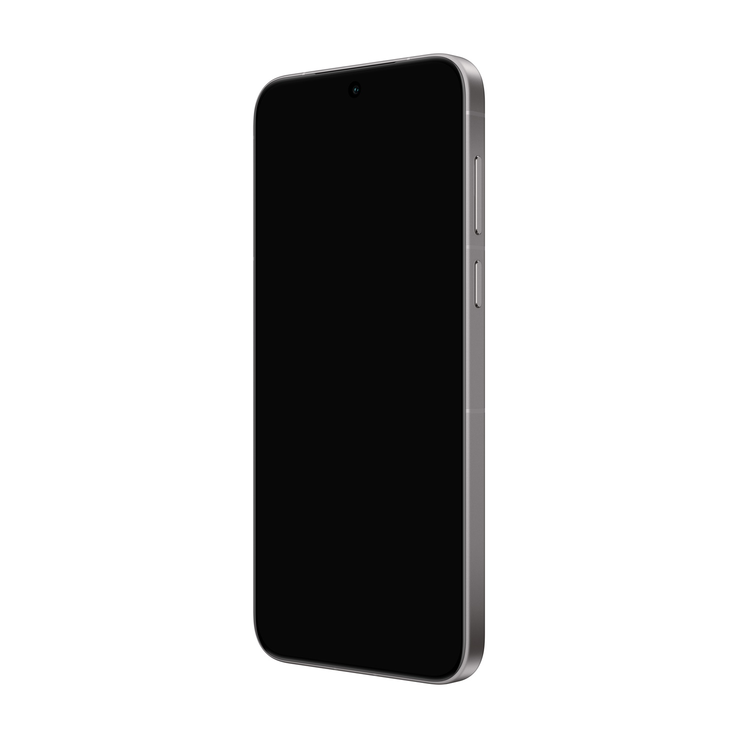 Uno smartphone con schermo nero e cornice argentata su sfondo bianco. Il telefono è inclinato verso destra.