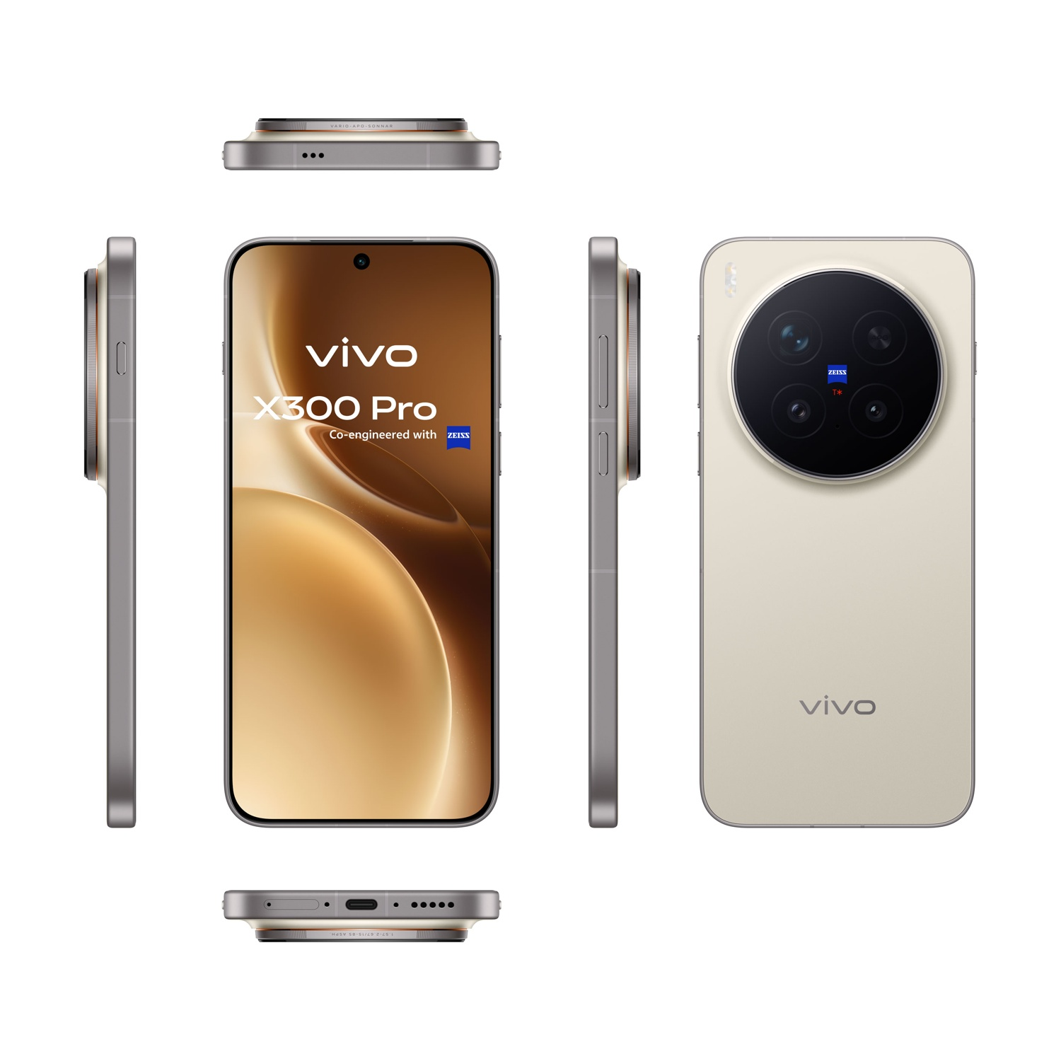 Il telefono Vivo X300 Pro è mostrato da più angolazioni. Ha un retro color oro con un ampio modulo fotocamera e il logo Vivo.