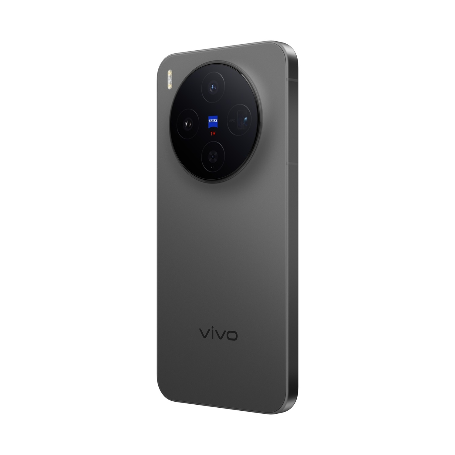 Uno smartphone grigio scuro presenta un ampio modulo fotocamera con quattro obiettivi e il logo Zeiss. Il logo vivo è in basso.