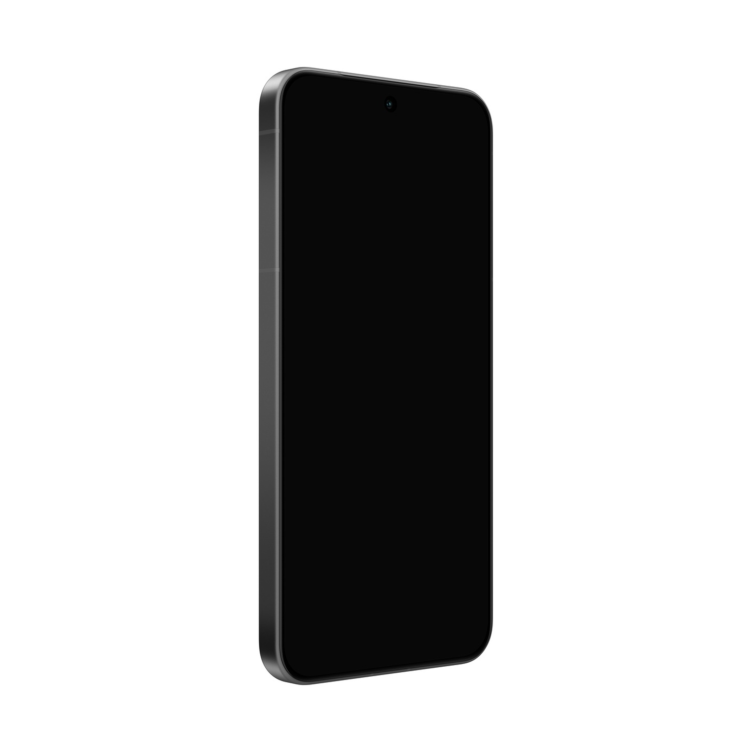 Uno smartphone con schermo nero e cornice argentata su sfondo bianco.